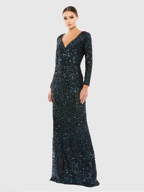 Ieena Mac Duggal Sequined V-Neck Long Sleeve Gown Maxi Dress Blue Black 12